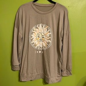 Unknown Brand Taupe Long Sleeve Shirt Top With Sun & Moon Graphics Size S